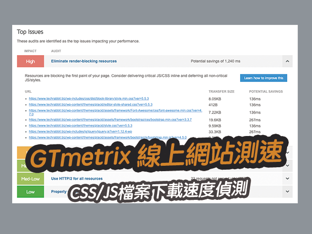 GTmetrix 線上網站測速，CSS/JS檔案下載速度偵測