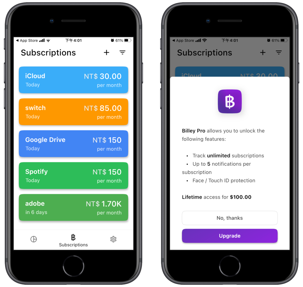 Billey 管理紀錄訂閱付費項目、每月扣款與支出（iOS, Android）