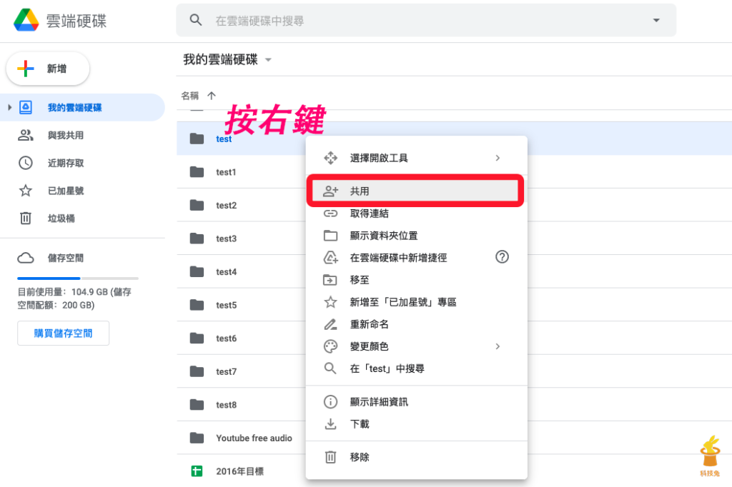 對Google 雲端硬碟資料夾按右鍵共用