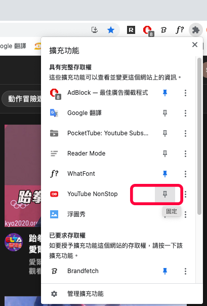 將 YouTube NonStop 釘選到瀏覽器上方