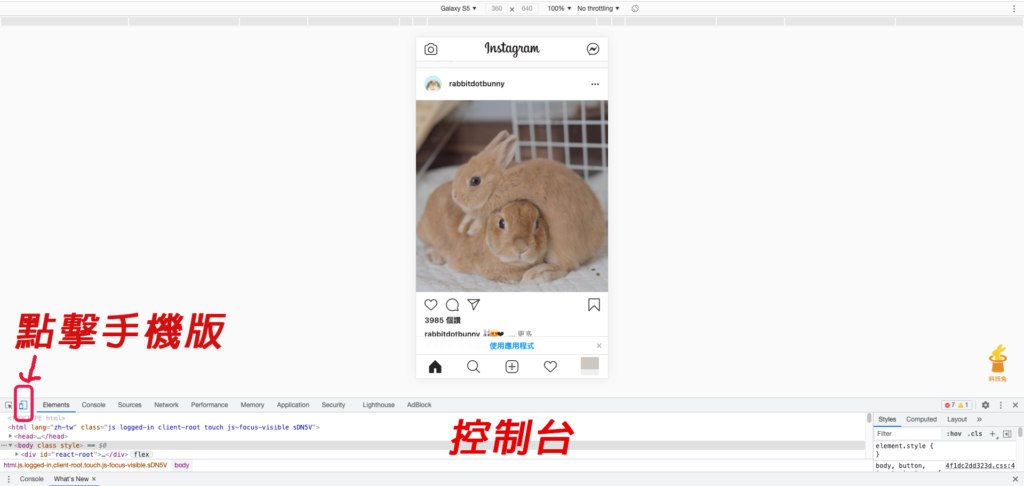 在 IG 網頁上開啟 Chrome 控制台並用手機檢視