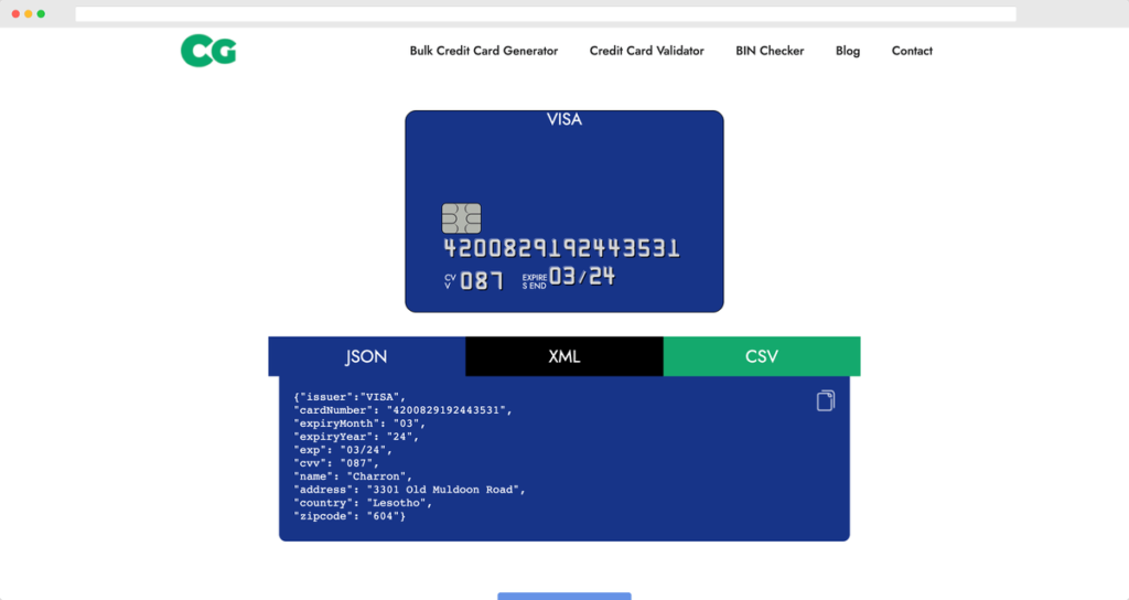 信用卡卡號產生器：Json,xml,csv
