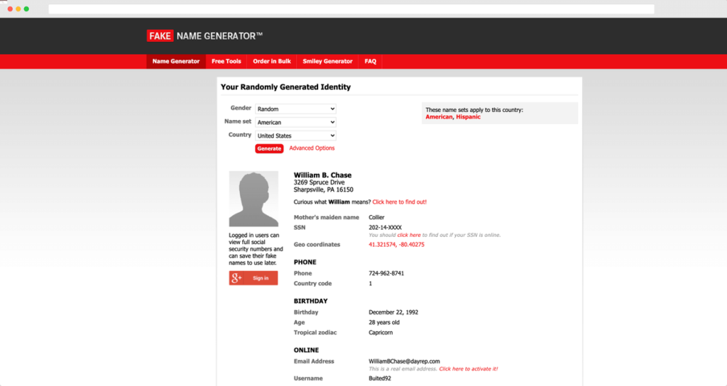 Fake Name Generator 假個人身份資料產生器，姓名生日電話、信用卡號、信箱