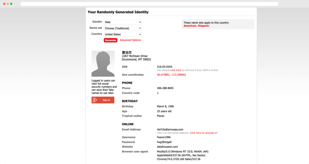 Fake Name Generator 假個人身份資料產生器，姓名生日電話、信用卡號、信箱