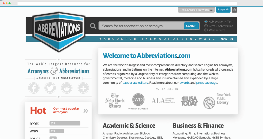 Abbreviations 英文縮寫查詢網站