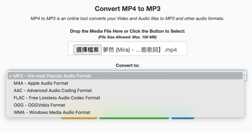 MP4 TO MP3：選擇影片轉檔格式