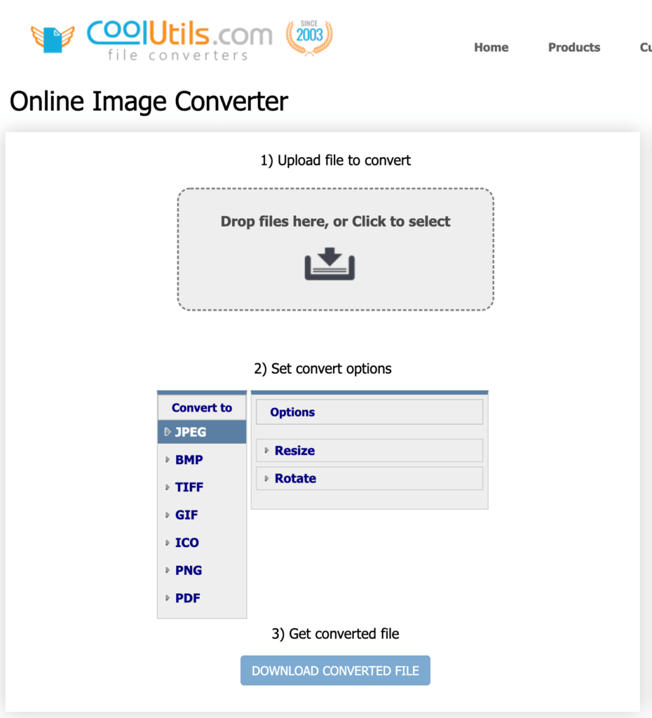 CoolUtils 線上圖片轉檔工具，可將照片轉成 JPG / PNG /GIF / PDF / BMP / TIFF / ICO