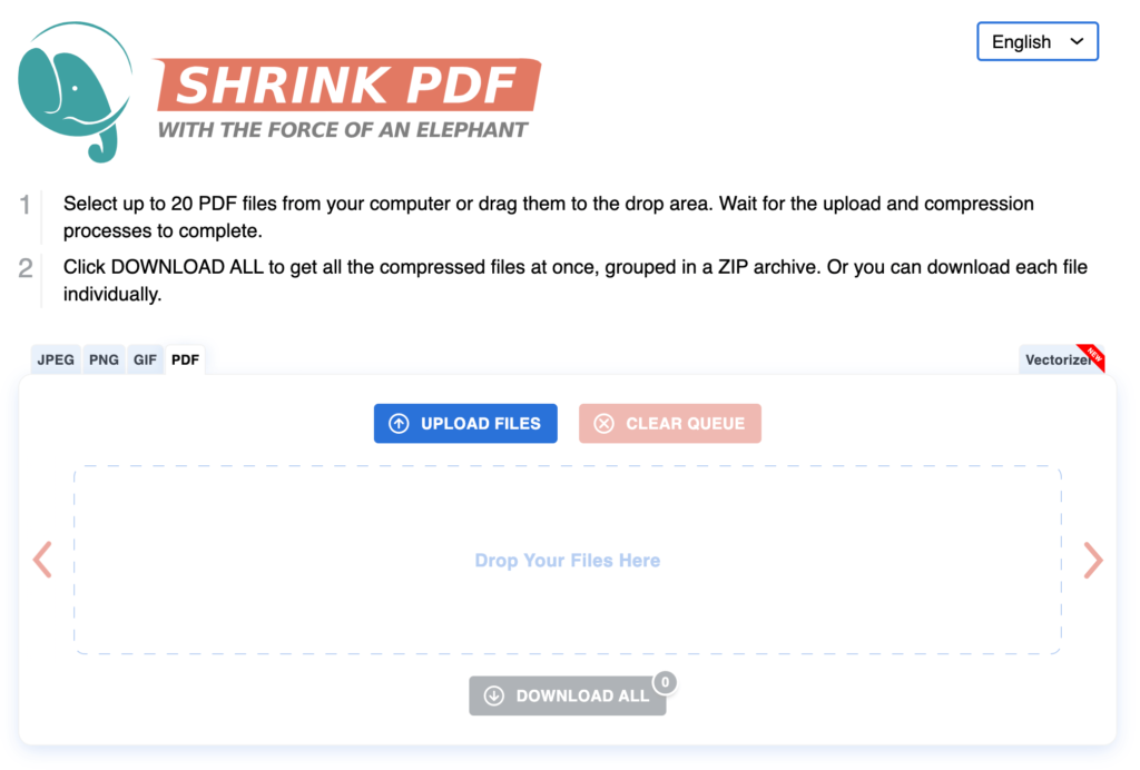 Shrink PDF 線上壓縮 PDF 檔，可批次上傳壓縮20個PDF檔並下載！