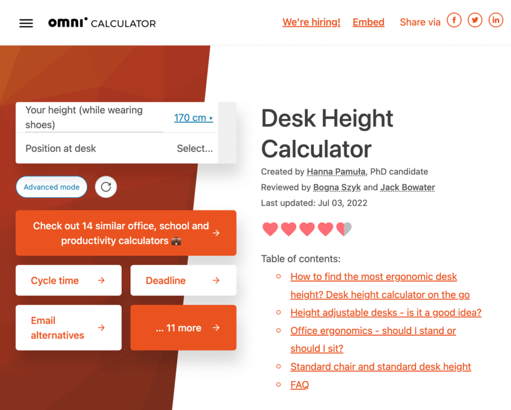 Desk Height Calculator 辦公桌椅高度計算機