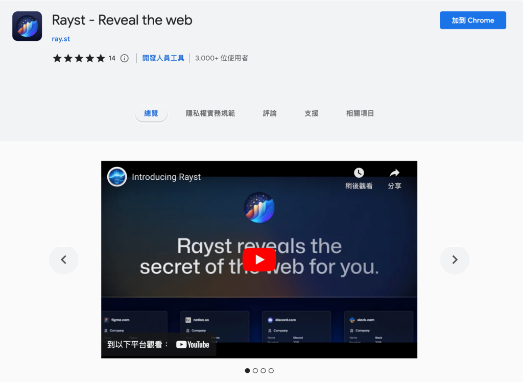 Rayst 顯示網站月流量、主機服務、技術服務名稱