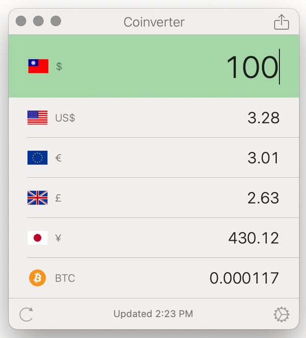 Coinverter 在MAC查詢各國匯率，含美元台幣日圓與比特幣等加密貨幣