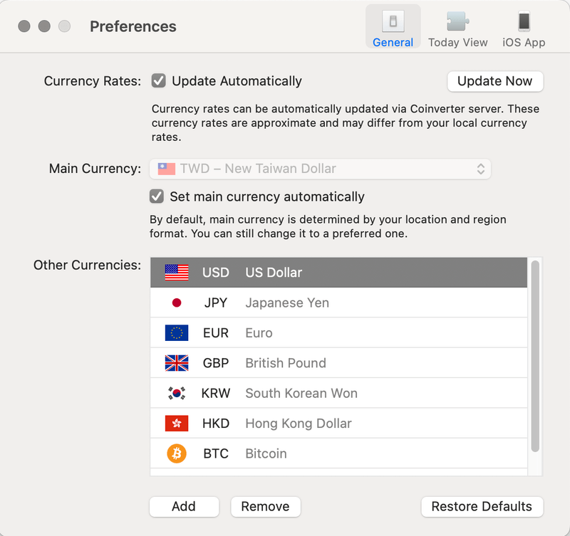Coinverter 在MAC查詢各國匯率，含美元台幣日圓與比特幣等加密貨幣