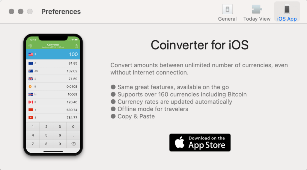 Coinverter 在MAC查詢各國匯率，含美元台幣日圓與比特幣等加密貨幣