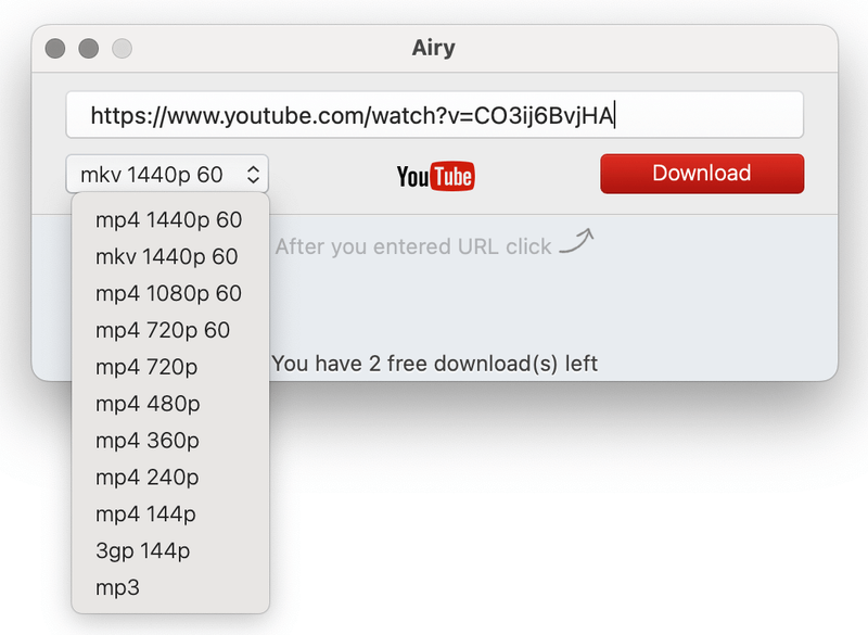 Airy 免費 YouTube 影片下載軟體，可下載高解析度1080p YT 影片最高到8K