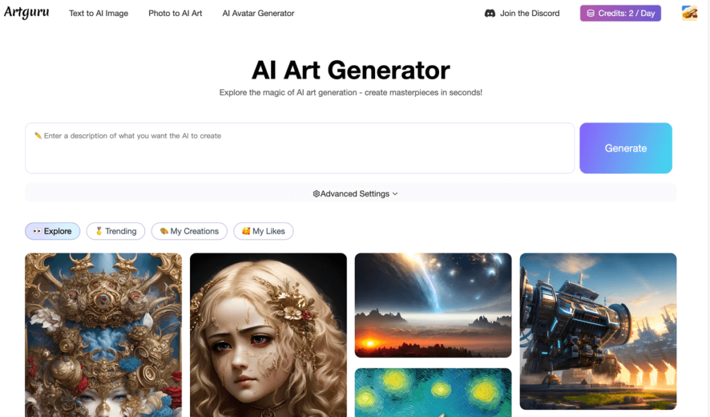 ArtGuru 免費AI 繪圖產生器，可生成藝術動漫卡通等人物照片