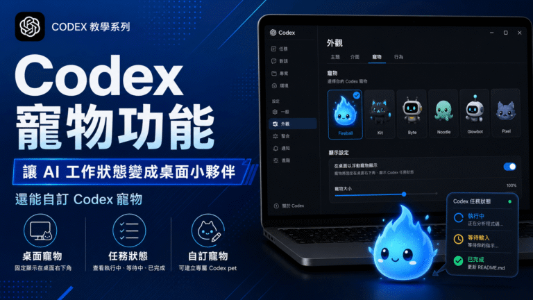 Codex 寵物功能教學:讓 AI 工作狀態變成桌面小夥伴!還能自訂 Codex 寵物 Codex 寵物功能教學:讓 AI 工作狀態變成桌面小夥伴!還能自訂 Codex 寵物