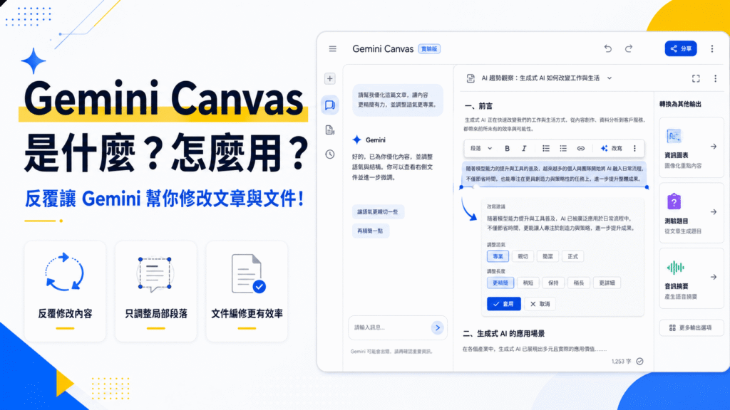 Gemini Canvas 是什麼?怎麼用?反覆讓 Gemini 幫你修改文章與文件!還可只調整局部段落! Gemini Canvas 是什麼?怎麼用?反覆讓 Gemini 幫你修改文章與文件!