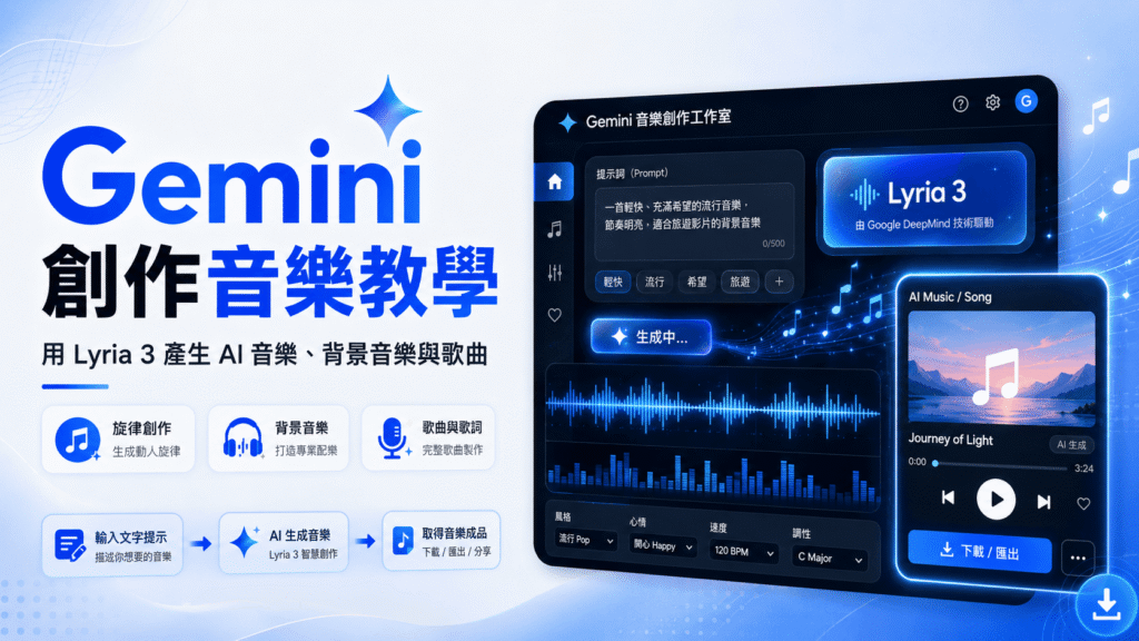 Gemini 創作音樂教學：用 Lyria 3 產生 AI 音樂、背景音樂與歌曲