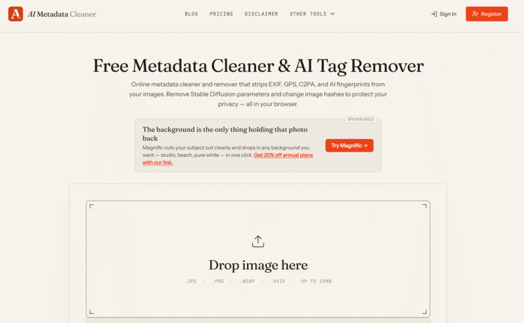 AI Metadata Cleaner 線上移除圖片 EXIF、GPS、AI 生成資訊與 C2PA 標籤 AI Metadata Cleaner 線上移除圖片 EXIF、GPS、AI 生成資訊與 C2PA 標籤