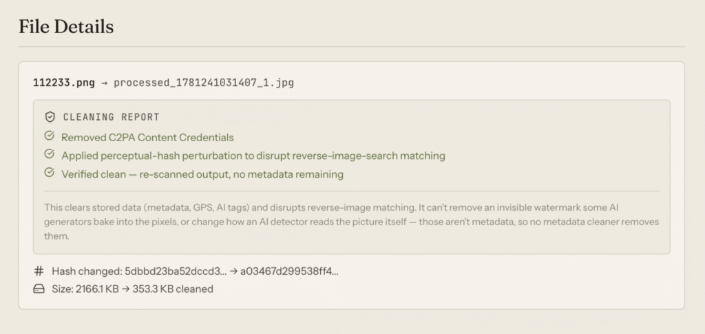 AI Metadata Cleaner 線上移除圖片 EXIF、GPS、AI 生成資訊與 C2PA 標籤 AI Metadata Cleaner 線上移除圖片 EXIF、GPS、AI 生成資訊與 C2PA 標籤