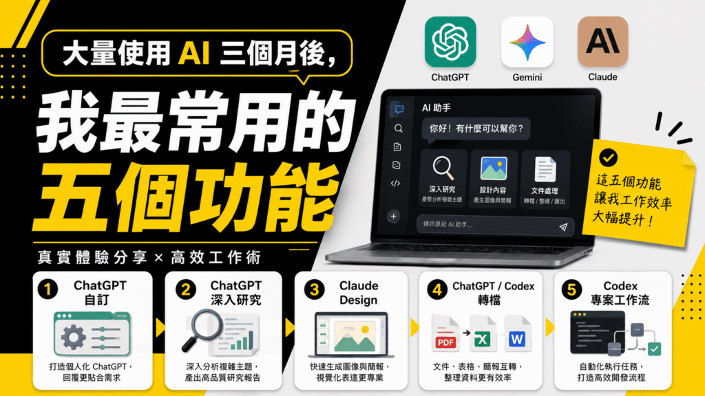 大量使用 AI 三個月後(ChatGPT / Gemini / Claude),我很推薦的五個功能 大量使用 AI 三個月後(ChatGPT / Gemini / Claude),我最常用的五個功能