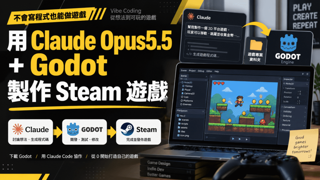 用 Claude Opus5.5 + Godot 製作 Steam 遊戲!不用寫程式碼也能開發遊戲 用 Claude Opus5.5 + Godot 製作 Steam 遊戲!不用寫程式碼也能製作遊戲