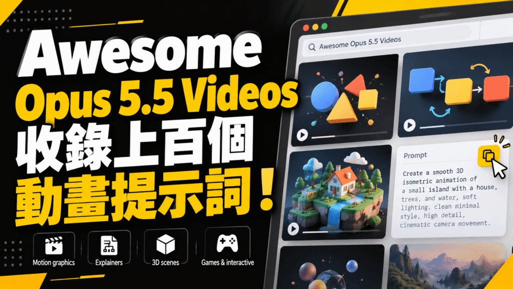 Awesome Opus 5.5 Videos 收錄上百個 Claude Opus 5.5 動畫提示詞！可製作 Logo 片頭與解說動畫